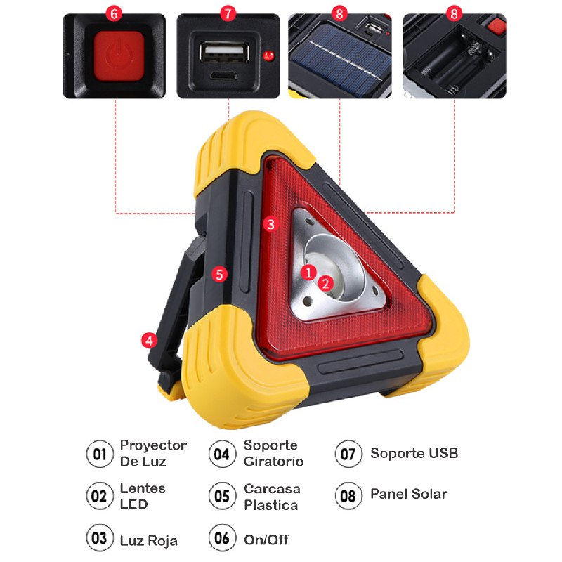 Señal De Emergencia Triangular Led Portátil Panel Solar 500l