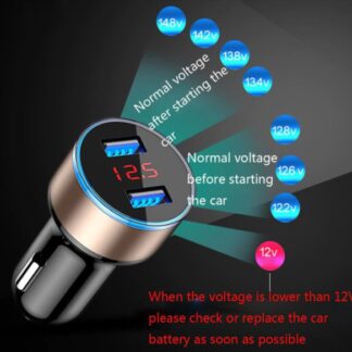 Cargador carga rápida doble puerto USB para carro con medidor de voltaje de batería